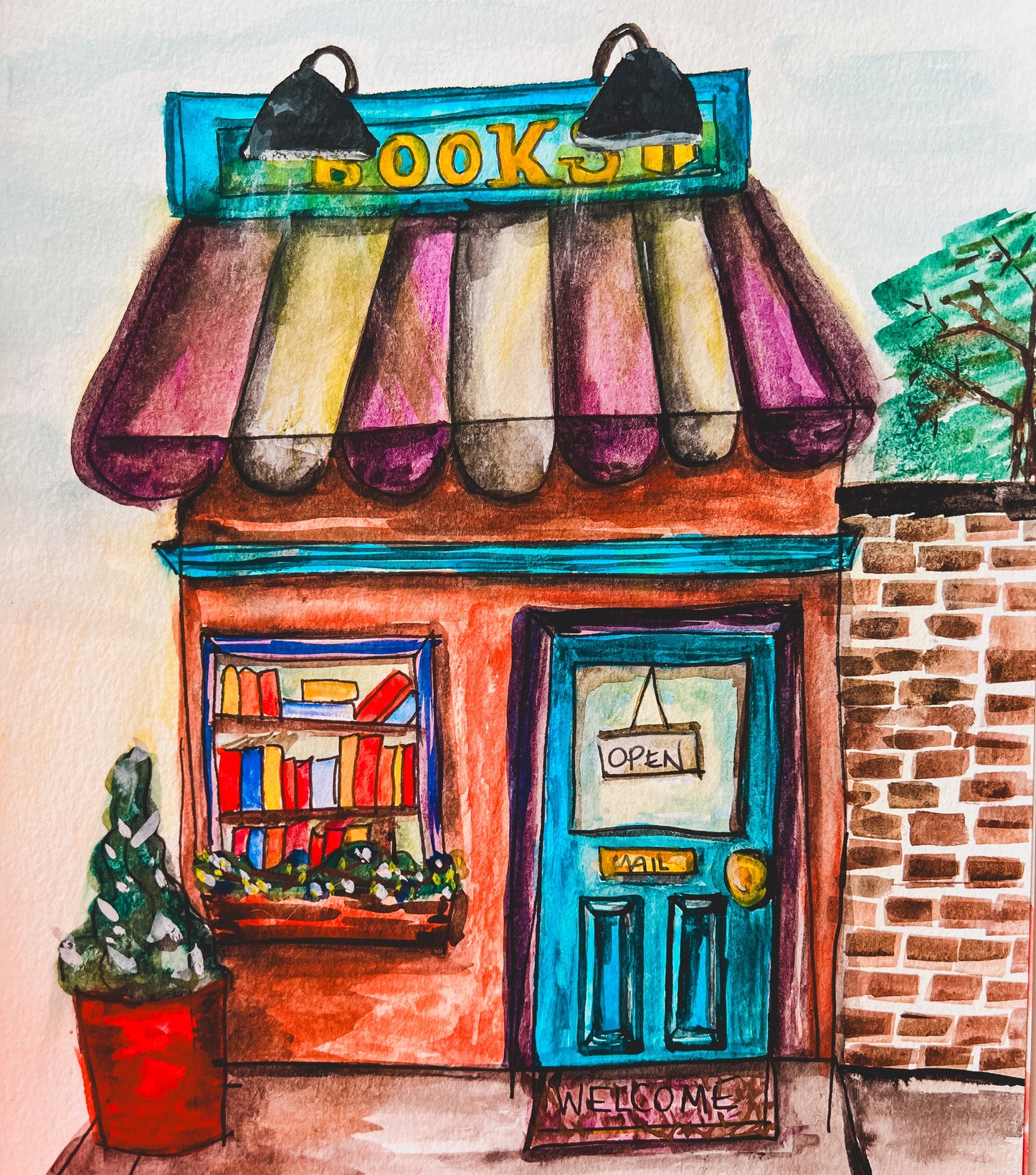 Colorful illustration of a bookshop with a blue door and colorful awning.